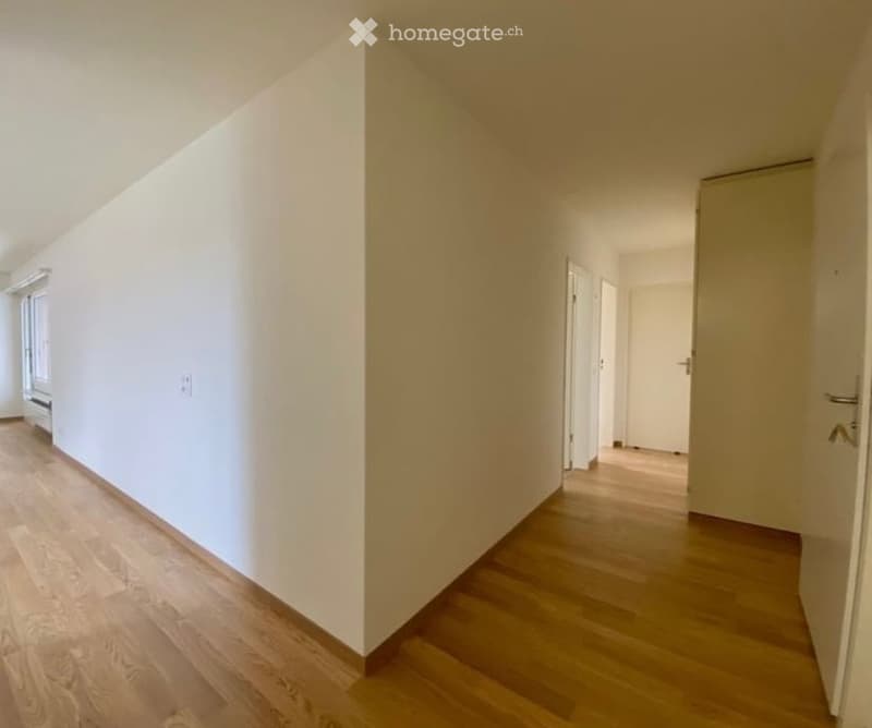 Empty hallway with wooden flooring and white walls, featuring several closed doors leading to other rooms.