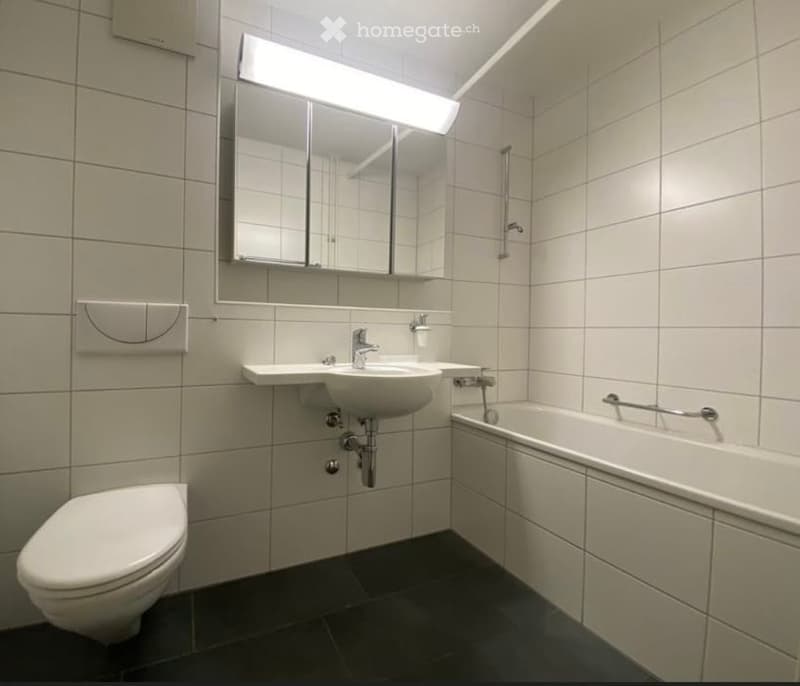 Modern bathroom with white tiles, a toilet, a sink with a chrome faucet, a bathtub with a grab bar, and a large illuminated mirror above the sink.