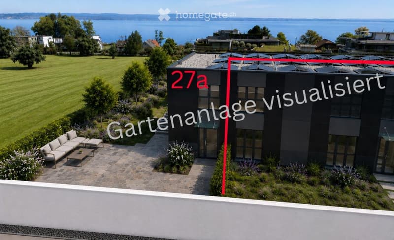 A modern house with a spacious garden and patio area, featuring a sofa, coffee table, and outdoor seating, overlooking a scenic lake and distant mountains.