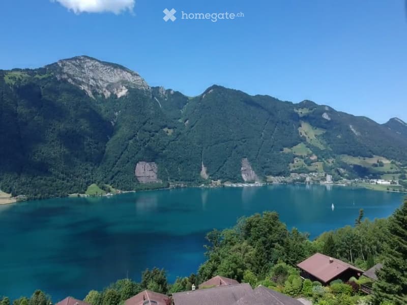 Panoramic view of a serene lake surrounded by lush green mountains under a clear blue sky, with a small settlement visible on the shore.
