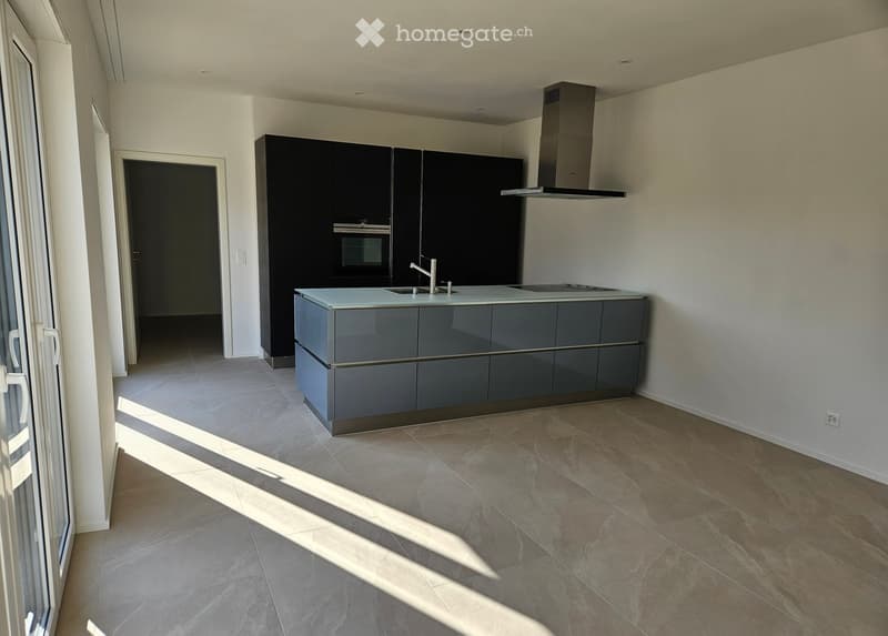 Modern kitchen with dark grey cabinets, a central island with a light countertop, and built-in appliances including an oven and range hood. The floor is tiled, and the space is well-lit with natural light from a large window on the left.