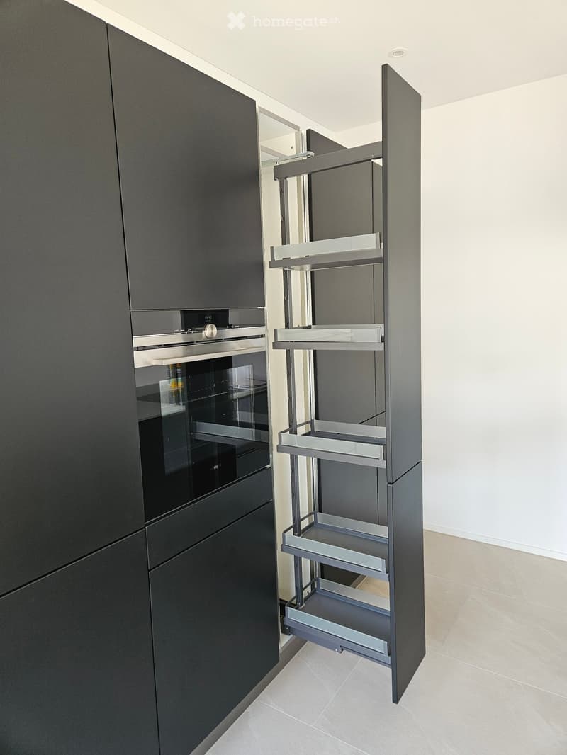 Modern kitchen with dark grey cabinets, an integrated oven, and a pull-out cabinet with multiple shelves.