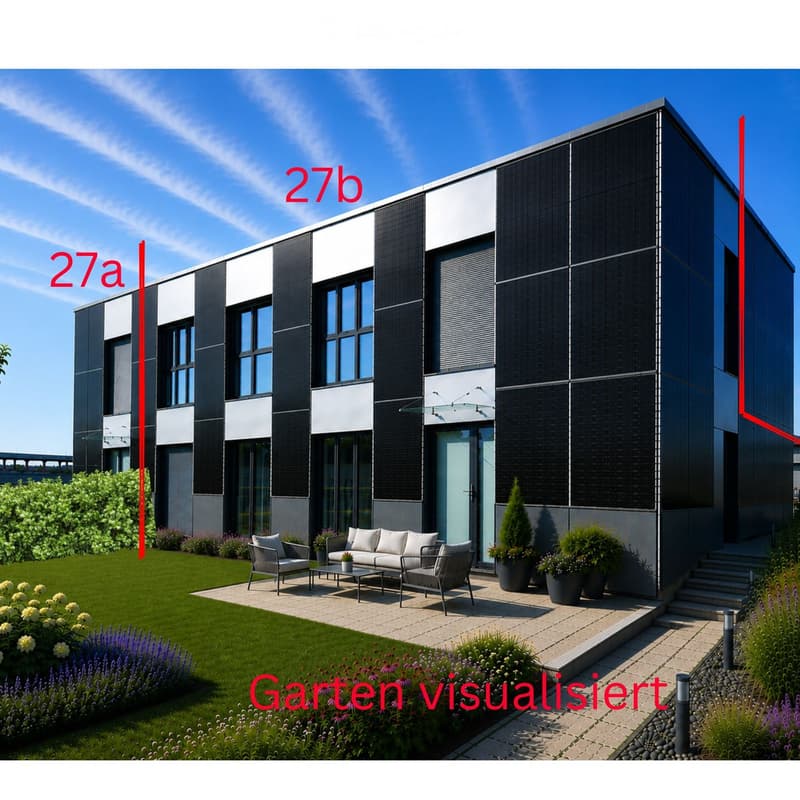 Modern building with a well-maintained garden area featuring a sofa, coffee table, and chairs arranged on a paved patio.