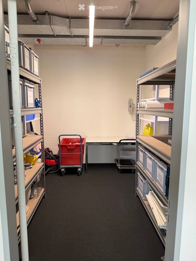 Storage room with metal shelving units, a fan, a red cart, a vacuum cleaner, and various storage bins.