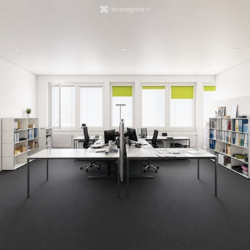 Modern office space with desks, chairs, computers, and bookshelves. Large windows with blinds and a potted plant are visible.