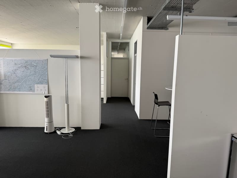 Modern, minimalist hallway with white walls, black carpet, and a few scattered items including a fan, a chair, and a bulletin board.