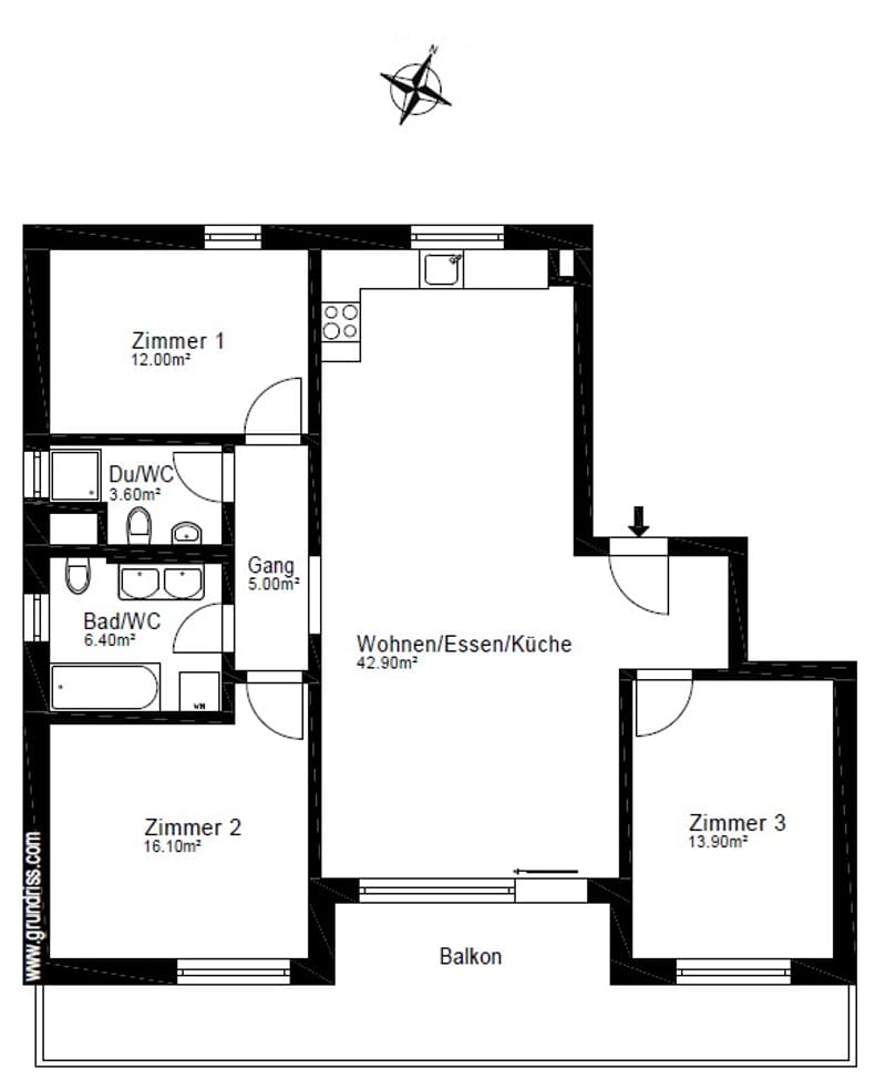 Floor plan of a 4-room apartment with a combined living/dining/kitchen area, three bedrooms, two bathrooms, and a balcony.