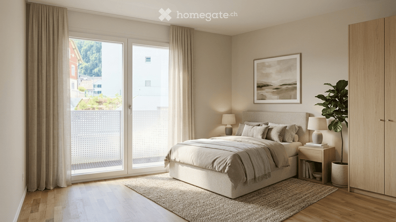 Modern bedroom with a large bed, nightstands, lamps, a plant, and a view through large windows.