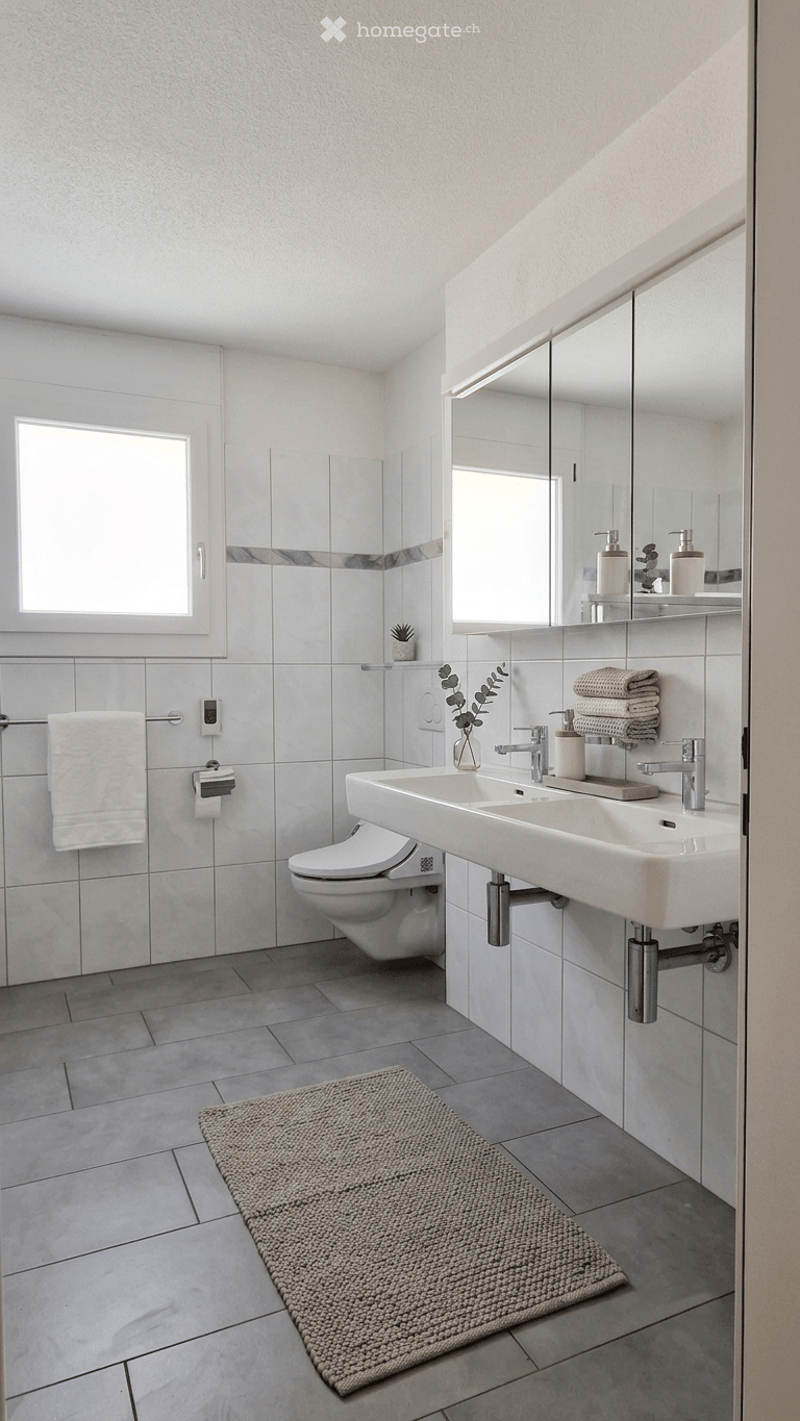 Modern bathroom with white tiles, double sink, toilet, large mirror, towel, and decorative plant on shelf.