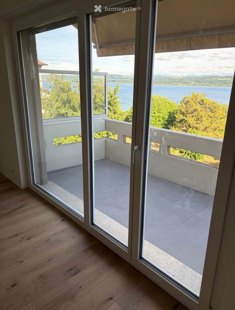 View of a lake and surrounding greenery through large sliding glass doors leading to a balcony with wooden railings.