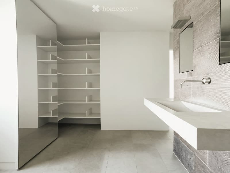 Modern bathroom with a sleek, minimalist design. Features a white sink with a modern faucet, built-in shelves, and a clean, contemporary aesthetic.
