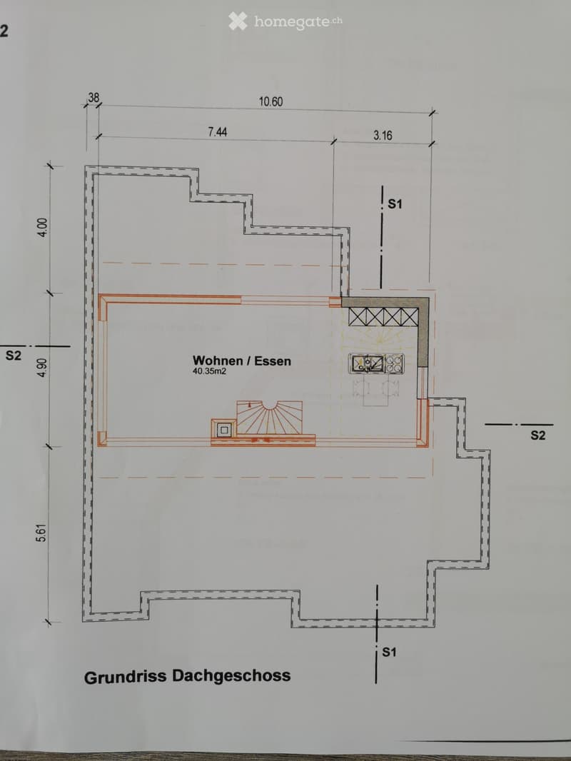Floor plan of a roof floor showing a living/dining area (40.35m2) with a kitchen area, staircase access, and measurements.