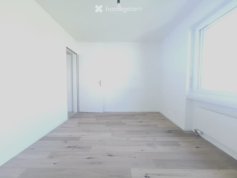 Empty room with light wooden flooring, white walls, and a single window with a radiator below it. There is a closed white door on the left side.