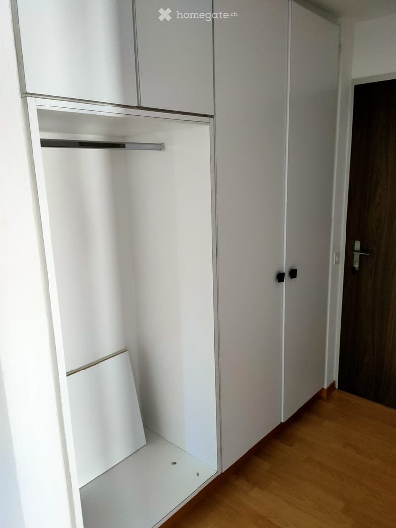 Empty closet with white sliding doors and wooden floor, adjacent to a hallway with a wooden door.