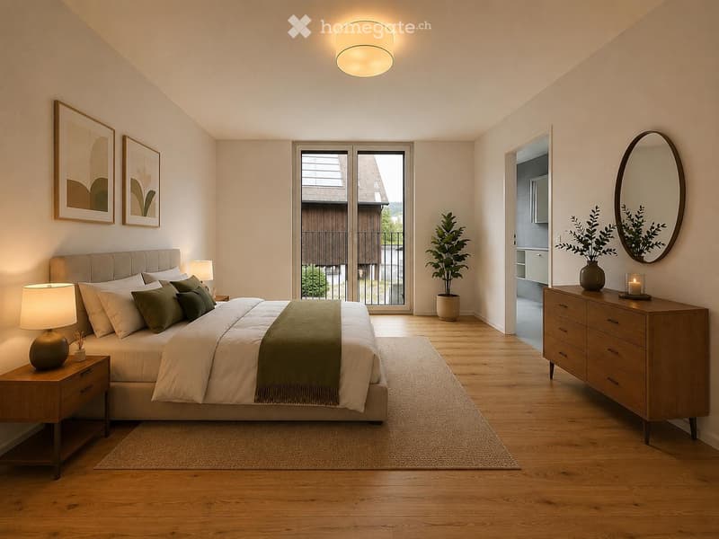 Modern bedroom with a large bed, nightstand, lamp, dresser, mirror, and potted plants. The room features wooden flooring, large windows with a view, and decorative artwork on the walls.
