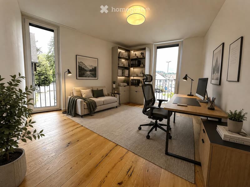 Bright, modern living space with a sofa, desk, and bookshelf. Features large windows, wooden flooring, and decorative elements.