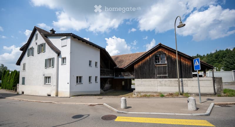 2 story house, white facade, brown roof, large windows, separate wooden house with balcony
