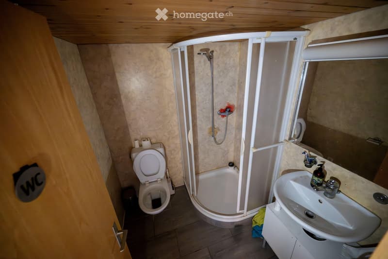 small bathroom, corner shower, white sink, toilet, mirror, wooden door