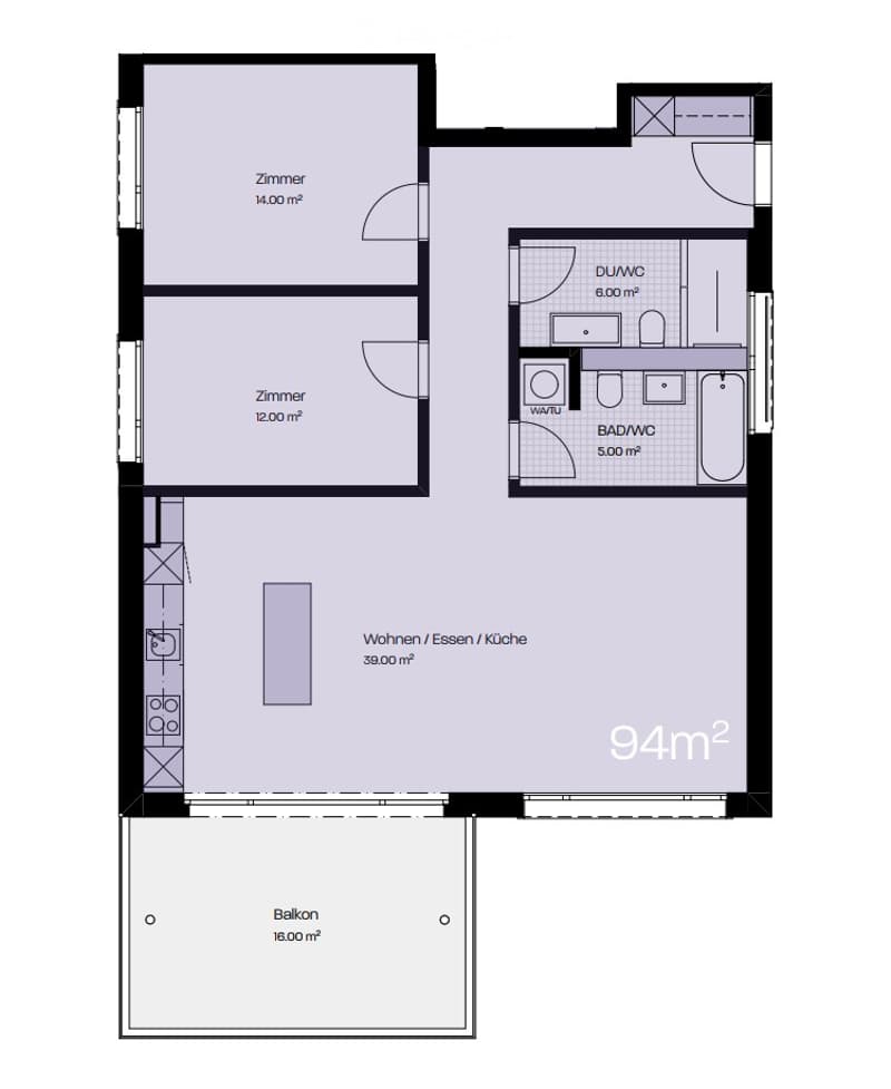 Floor plan of a 94m² apartment with two bedrooms, a living/dining/kitchen area, a bathroom, and a balcony.