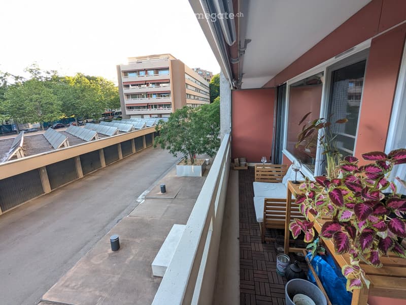 Balcony with wooden furniture, including a chair and small table, decorated with potted plants. The balcony overlooks a residential area with solar panels and trees.