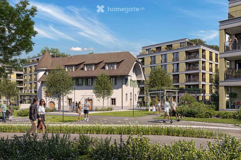 A modern residential complex with a mix of contemporary and traditional architectural styles, featuring multiple buildings, balconies, greenery, and a central walkway with people walking.