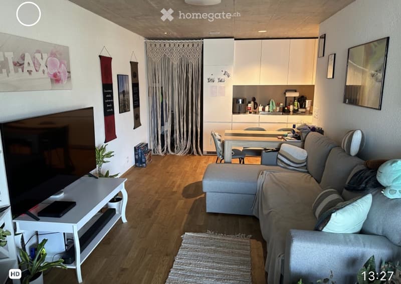 Modern living and dining area with a grey sectional sofa, coffee table, TV stand, dining table with chairs, and a small kitchen area with cabinets and appliances.