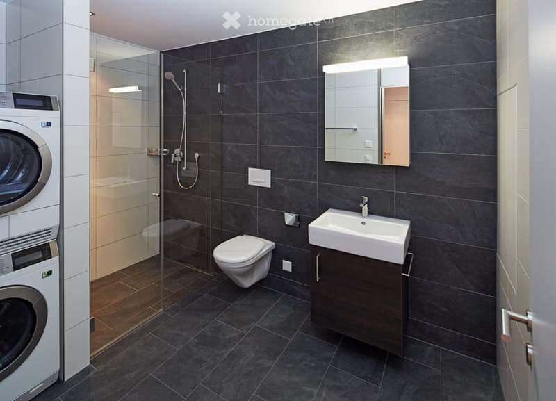 Modern bathroom with dark tiled walls and floor, featuring a toilet, sink with mirror, shower, and a washing machine.