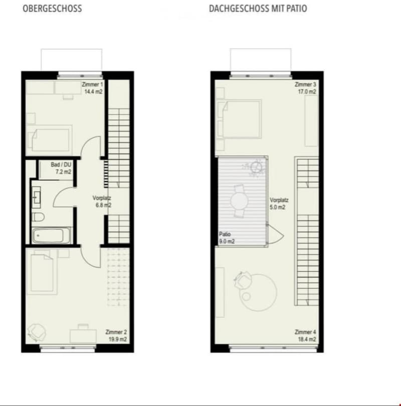 Floor plan showing two apartment layouts: upper floor with bedroom, bathroom, hallway, and living area; roof floor with bedroom, patio, hallway, and additional living space.