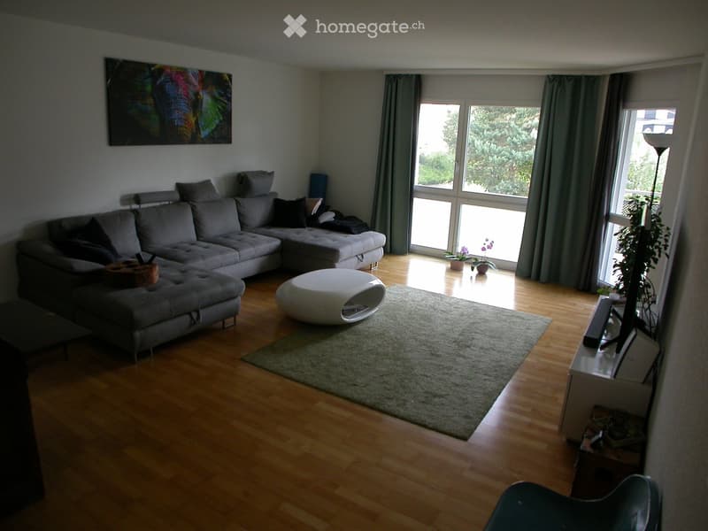 Modern living room with wooden flooring, large sectional sofa, coffee table, ottoman, floor lamp, TV, and a view through large windows.