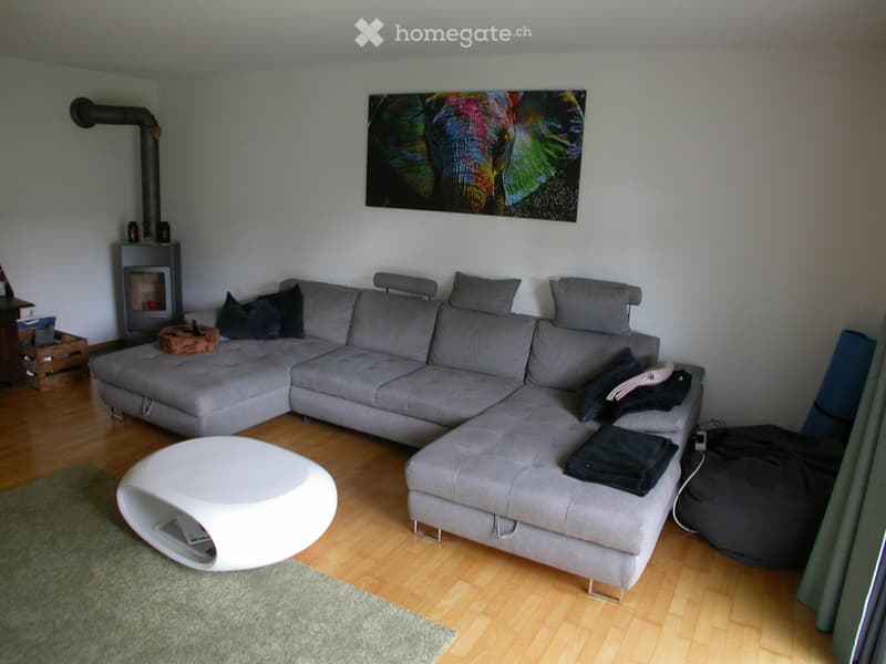 Modern living room with a grey sectional sofa, white coffee table, fireplace, and artwork on the wall.