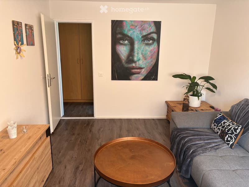 Modern living room with a grey sofa, wooden coffee table, potted plant, and artwork on the wall.