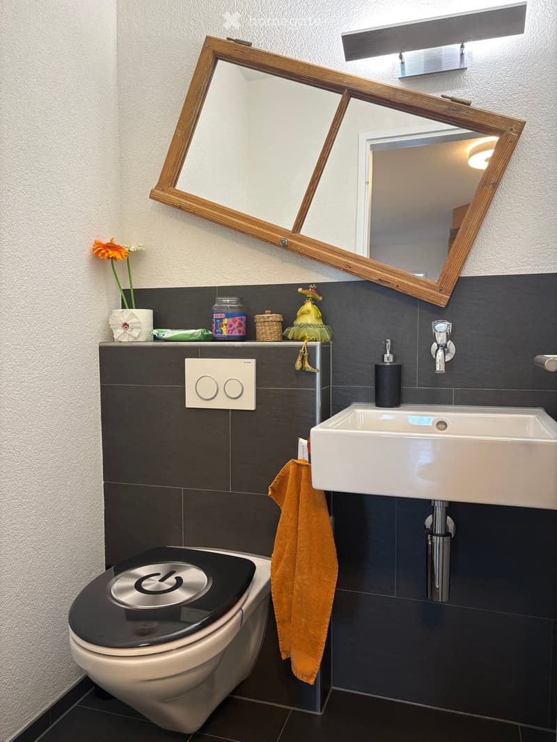 Modern bathroom with a white sink, black tiles, a toilet with a black seat cover, a large wooden-framed mirror, and decorative items on the counter.
