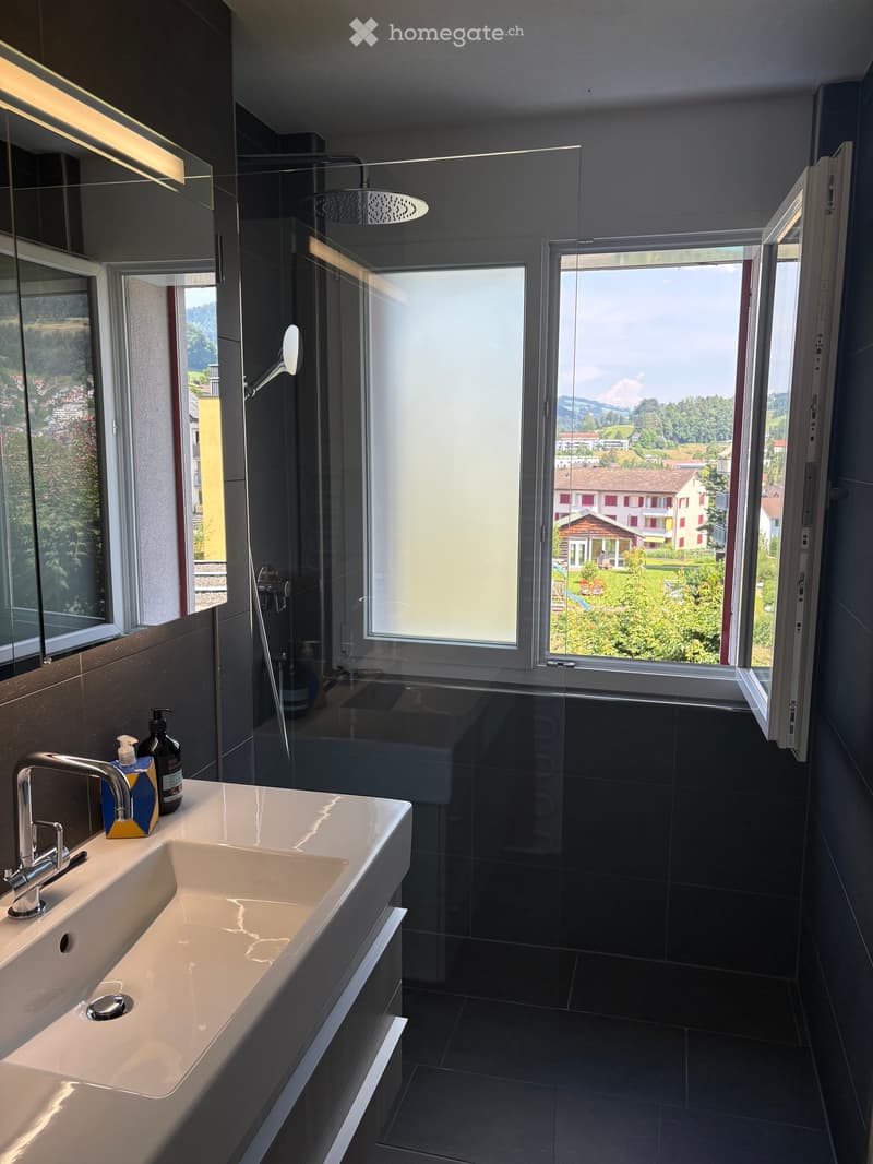 Modern bathroom with a large sink, chrome faucet, shower area, and large windows offering a scenic view.