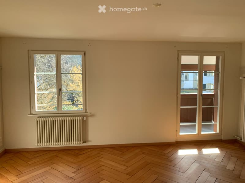 Empty room with wooden herringbone flooring, white walls, two windows, radiator, and a door leading to a balcony.