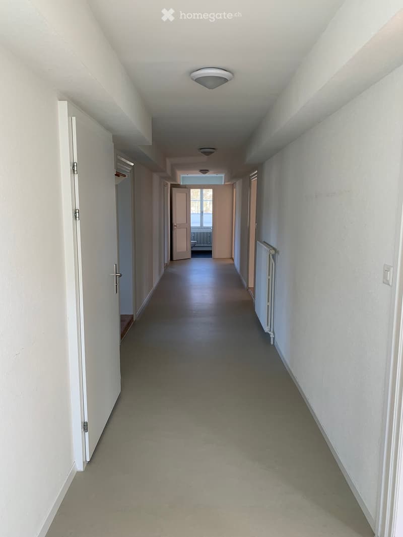 Empty hallway with white walls, grey carpeted floor, and several closed doors on both sides. A radiator is visible on the right wall, and a light fixture is mounted on the ceiling.
