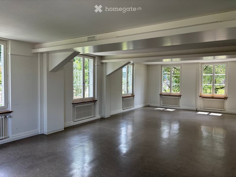 Empty room with wooden flooring, white walls, large windows, radiators, and a modern ceiling design.