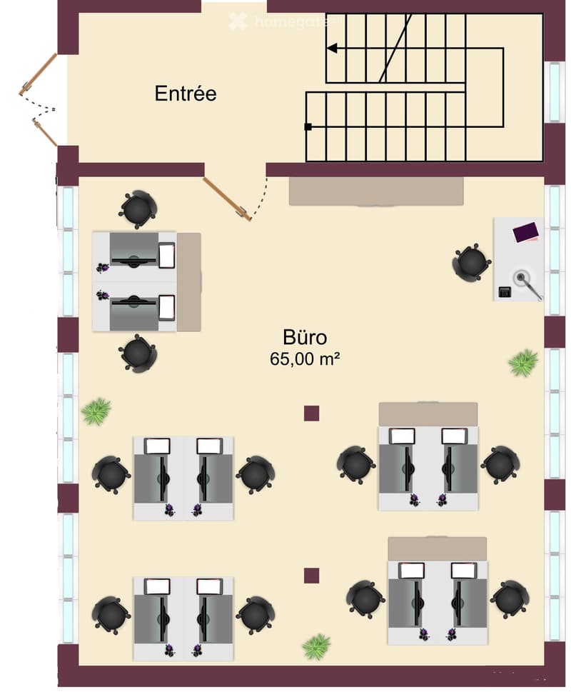 Entrance, Office space with multiple desks and monitors, meeting room, storage area