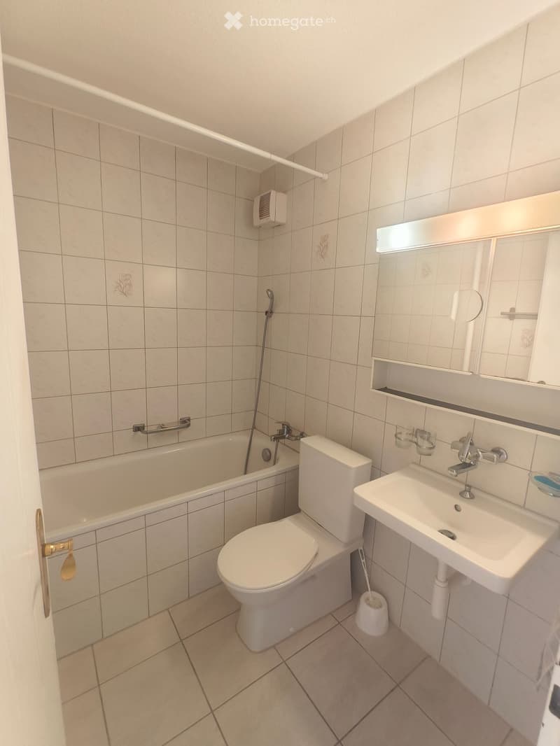 Modern bathroom with a bathtub, toilet, sink, and mirror. Features tiled walls and floor, a handheld showerhead, and a built-in shelf above the sink.