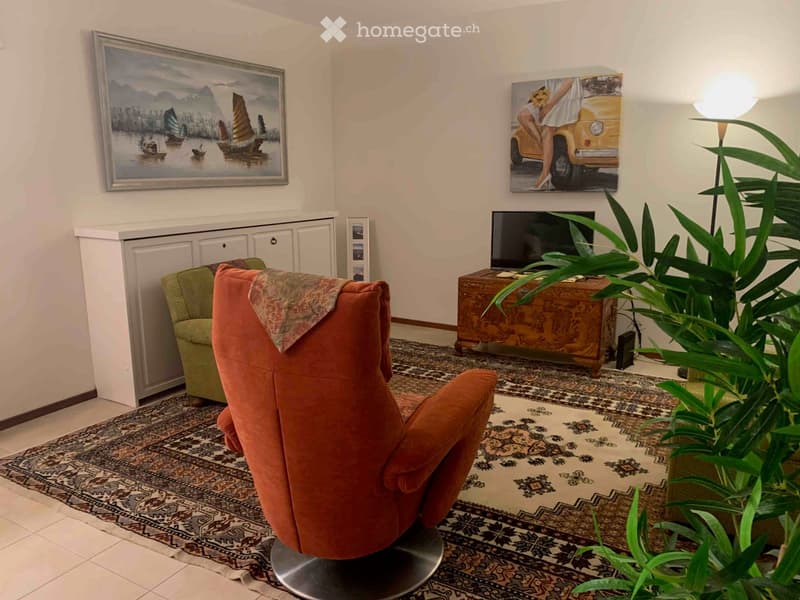 Living room with a patterned rug, orange sofa, green armchair, wooden cabinet, television, and decorative artwork on the walls.