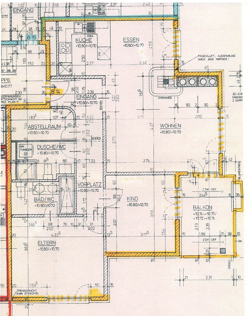 Floor plan of a residential unit showing multiple rooms including kitchen, living area, bedrooms, bathrooms, and a balcony.