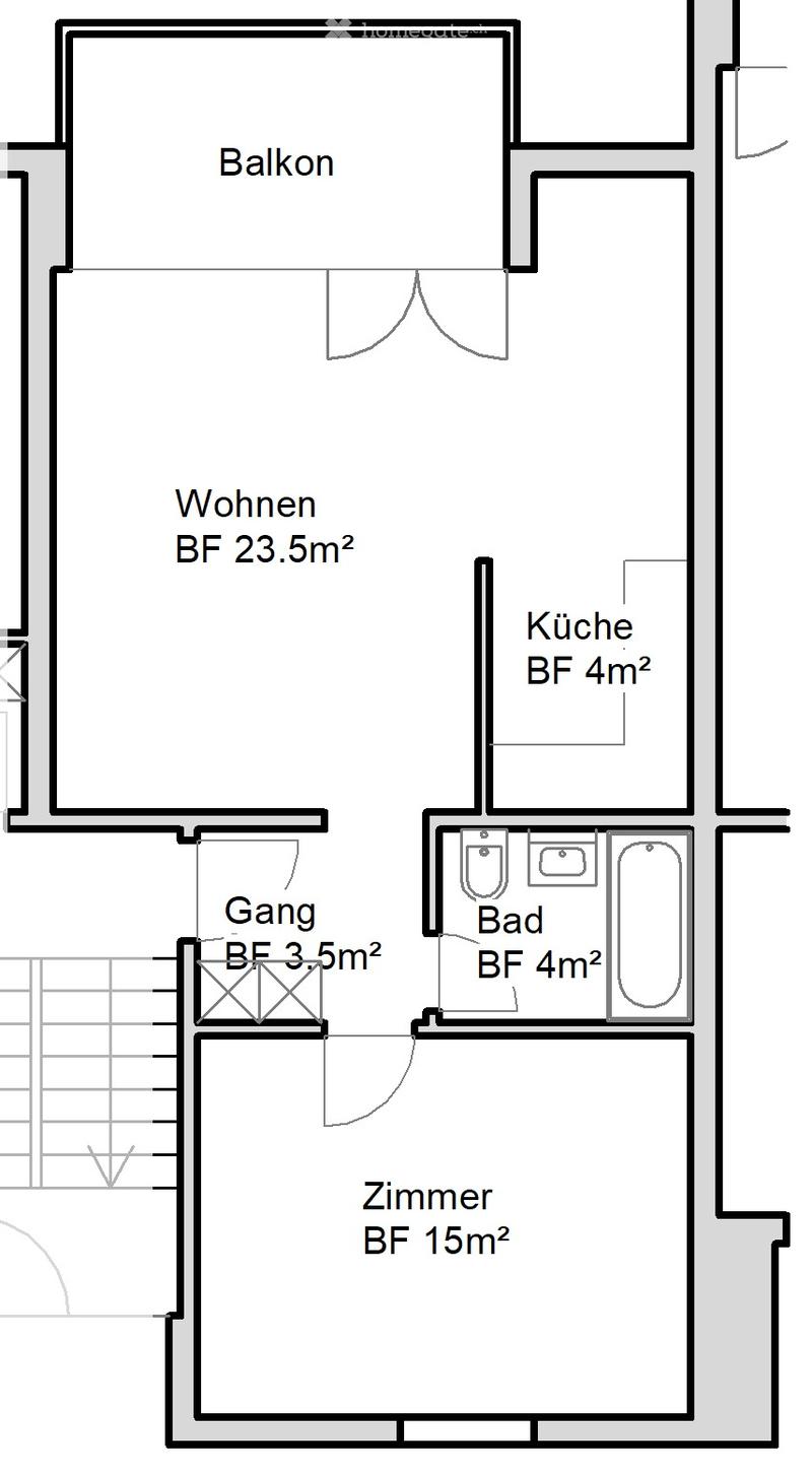 Floor plan of a 4-room apartment including a living area, kitchen, bathroom, bedroom, and hallway. Features a balcony off the living area.
