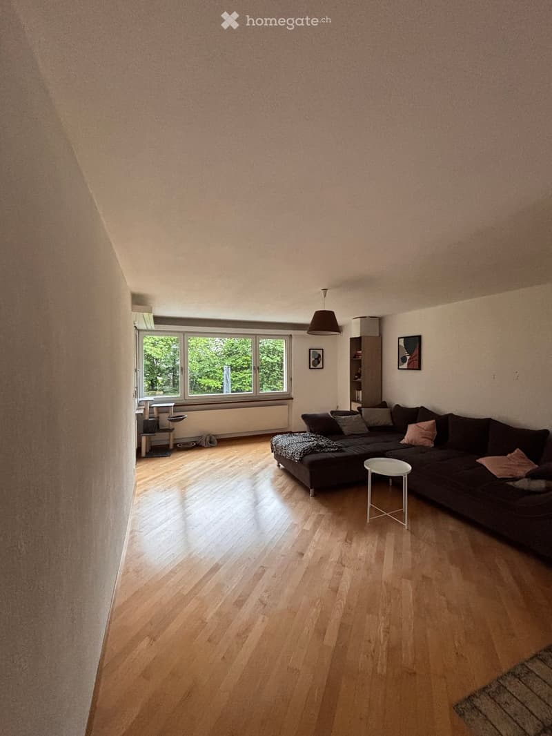 Modern living room with wooden flooring, large window, dark-colored sectional sofa, small white coffee table, and a cat tree in the corner.
