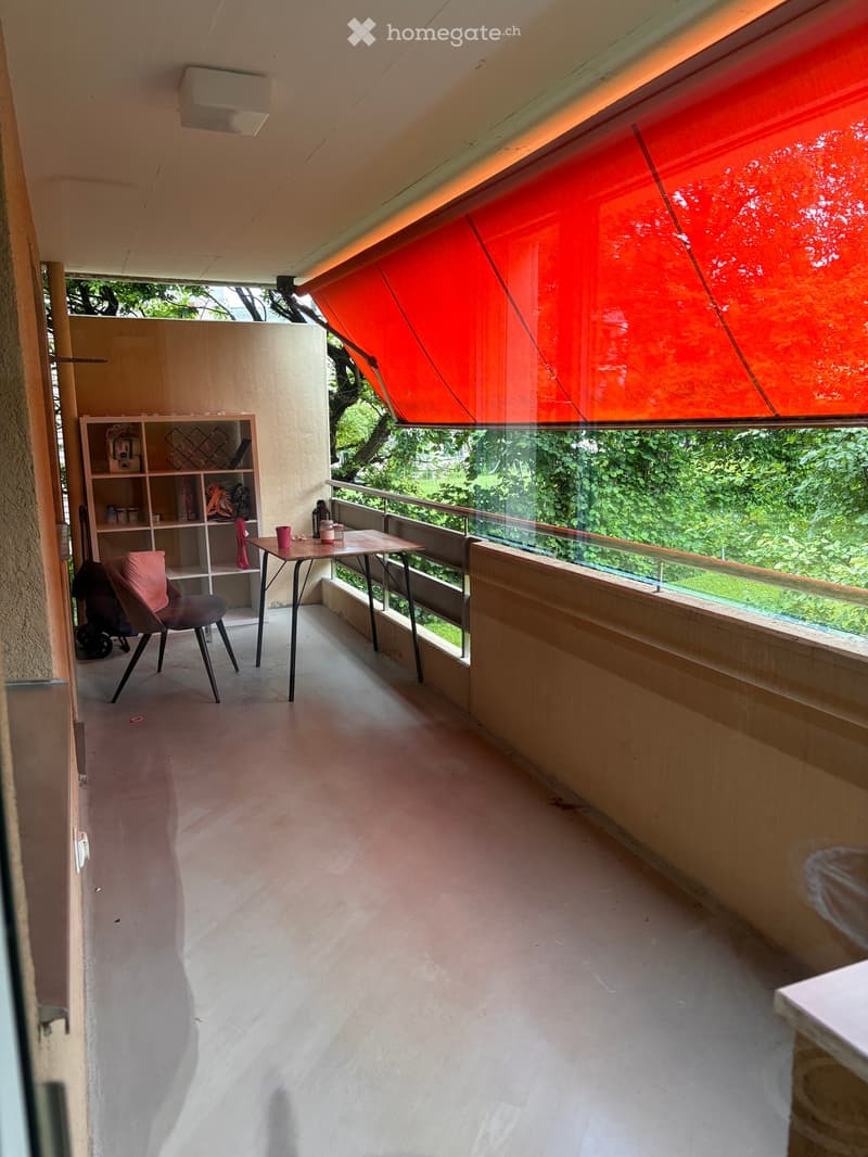 Balcony with a red awning, glass railing, and a small seating area including a chair, table, and shelf.