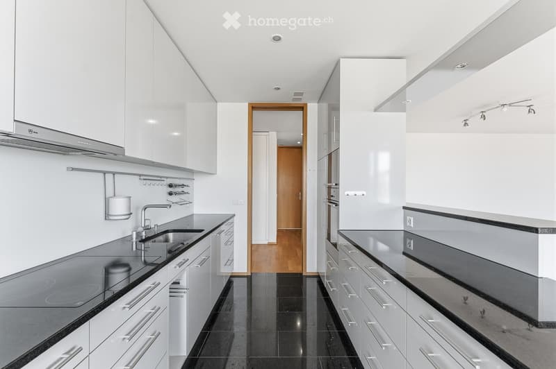 Modern kitchen with white cabinets, black countertops, stainless steel sink, and built-in stove. Features sleek design with integrated lighting and ample storage space.