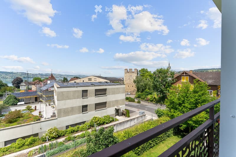 Balcony overlooking a town with a mix of modern and historic buildings, greenery, and a body of water in the distance.