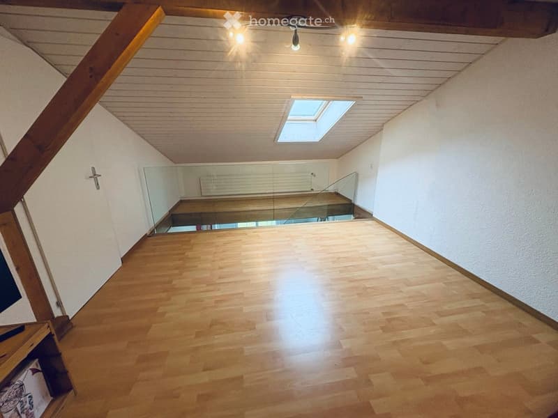 Bright hallway with wooden flooring, white walls, and a skylight above. A glass staircase leads to an upper level.