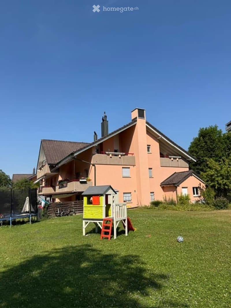 Two-story house with pink exterior, multiple windows, balconies, and a chimney. The front yard includes a children's play structure and a lawn.
