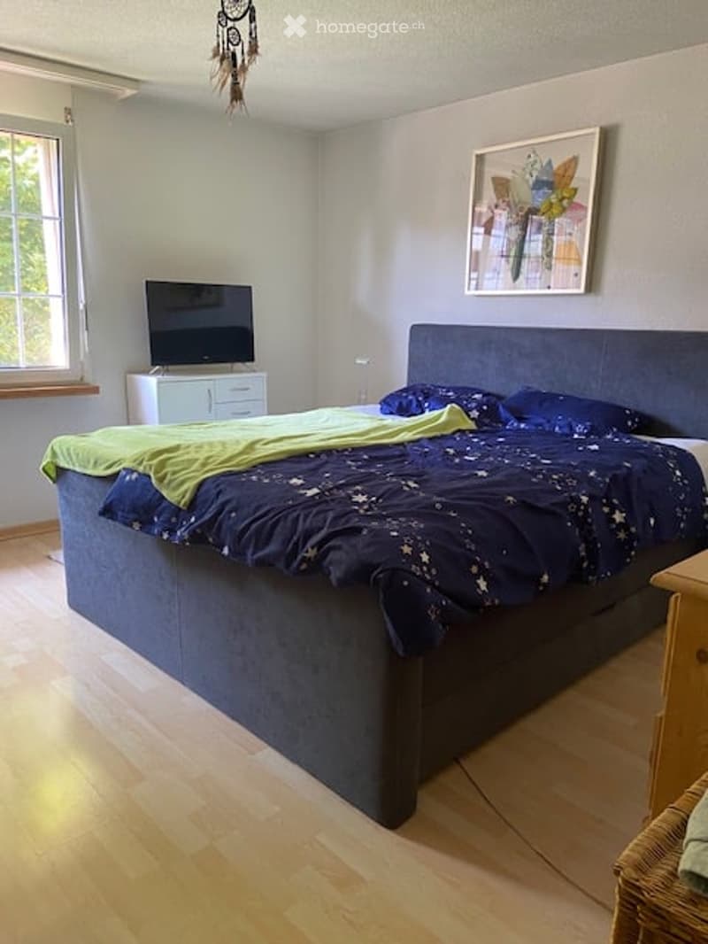 Cozy bedroom with a large bed, green and blue bedding, a nightstand with a TV, a picture frame on the wall, and a wicker chair in the corner.