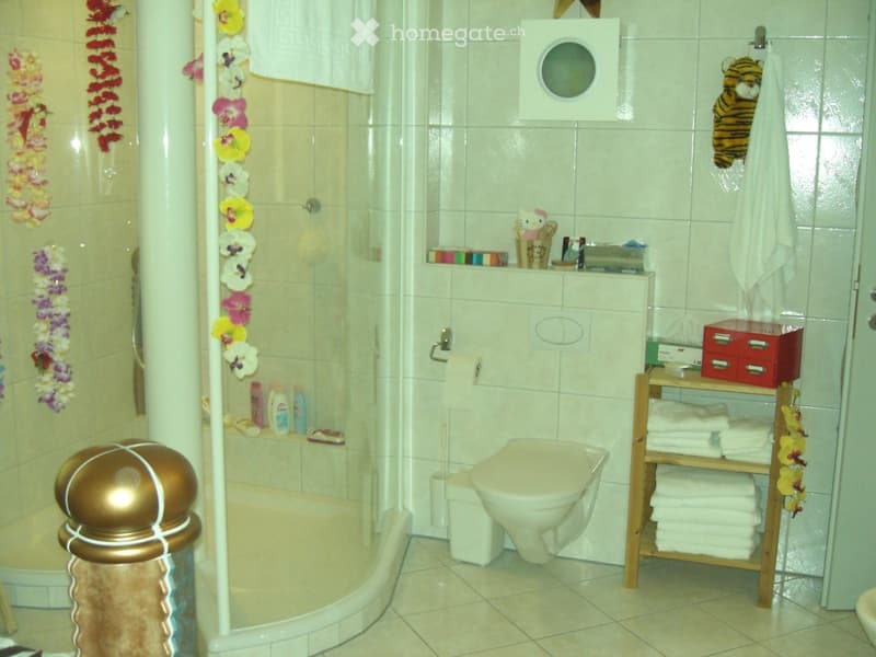 Bathroom with a toilet, bathtub, towel rack, shelf with towels, and a shower area with toiletries and a decorative toy.
