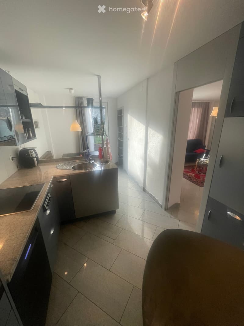 Modern kitchen with dark cabinets, a sink, microwave, and oven. A living area with a sofa, table, and chair is visible through an open doorway.